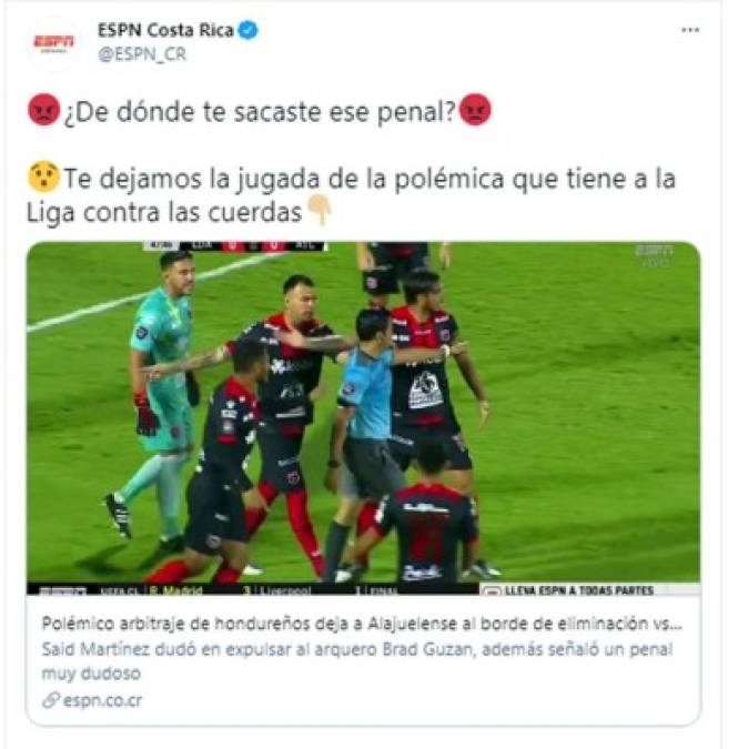 ESPN en su edición Costa Rica criticó la decisión de Said Martínez - “¿De dónde te sacaste ese penal?“.