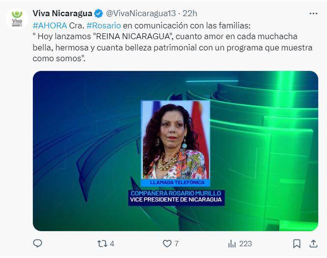 ”Hoy lanzamos ´Reina Nicaragua´, en cuanto amor en cada muchacha bella, hermosa y cuánta belleza patrimonial, con un programa que muestra como somos”, expresó Rosario Murillo. 