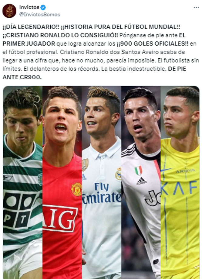 “El futbolista sin límites. El delantero de los récords. La bestia indestructible”, publicó Invictos sobre Cristiano y su histórico gol.