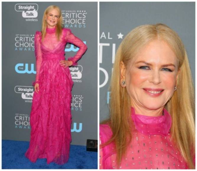 Nicole Kidman se atrevió con un vestido color fucsia de Valentino con detalles plateados.