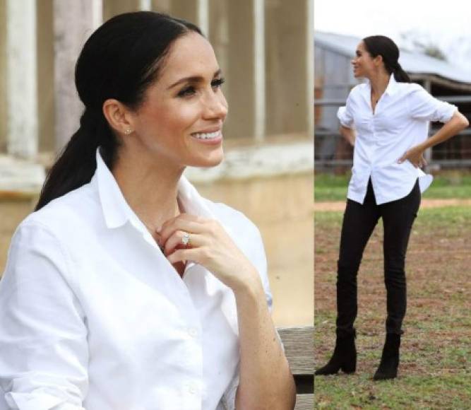 La duquesa de Sussex optó por un par de jeans de la marca Outland, que ayuda a las jóvenes vulnerables de Camboya.<br/>
