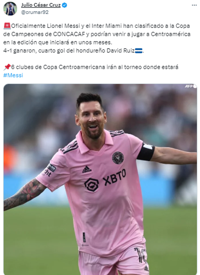 Julio Cruz, periodista de El Heraldo: “Oficialmente Lionel Messi y el Inter Miami han clasificado a la Copa de Campeones de CONCACAF y podrían venir a jugar a Centroamérica en la edición que iniciará en unos meses”.