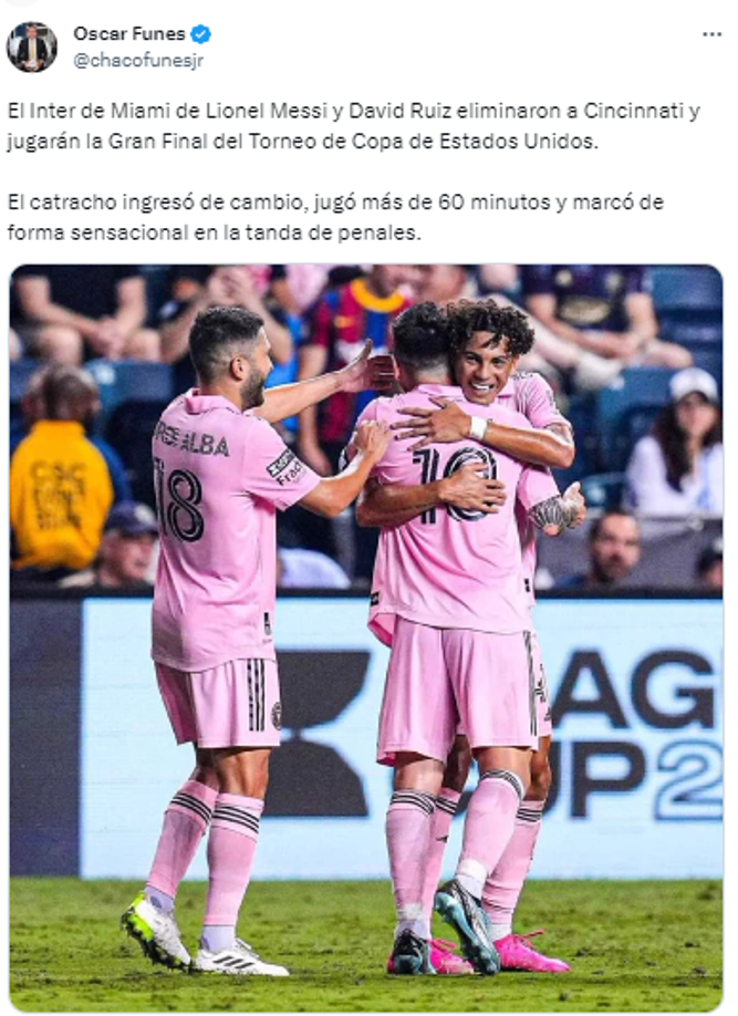 Óscar Funes: “El Inter de Miami de Lionel Messi y David Ruiz eliminaron a Cincinnati y jugarán la Gran Final del Torneo de Copa de Estados Unidos”.