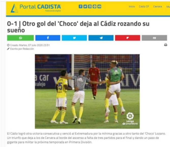 Portal Cadista - 'Otro gol del 'Choco' deja al Cádiz rozando su sueño'. 'El Cádiz logró otra victoria consecutiva y venció al Extremadura por la mínima gracias a otro tanto del ‘Choco’ Lozano'.