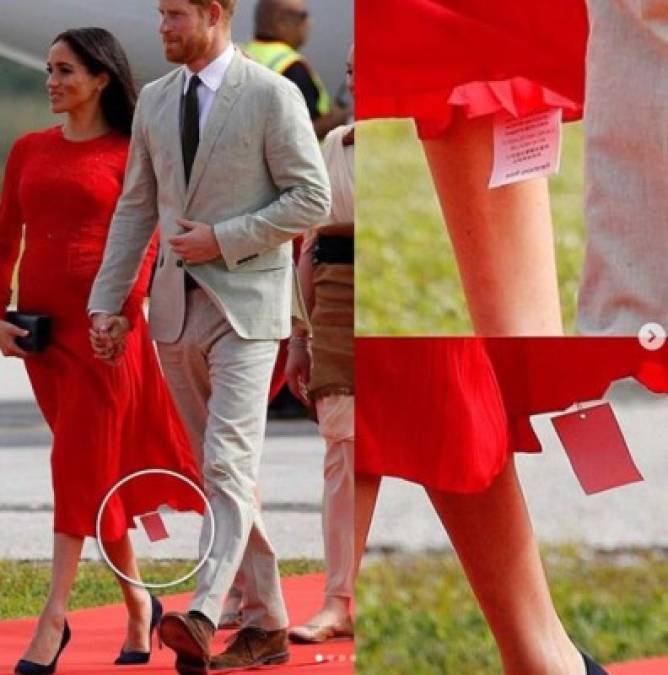 Al caminar por la alfombra roja, Meghan mostró la etiqueta que colgaba de su vestido.