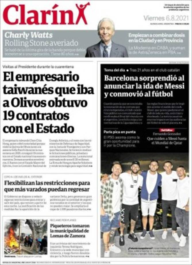Clarín (Argentina) - “Barcelona sorprendió al anunciar la ida de Messi y conmovió al fútbol”. “El PSG asoma como la gran oportunidad para ir por la Champions”.