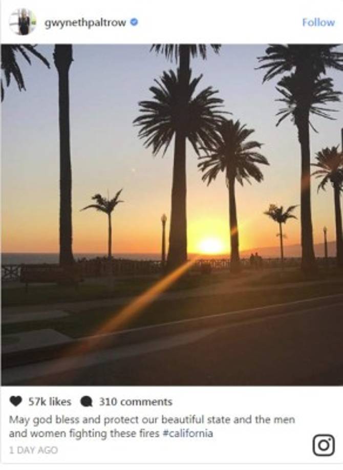 La actriz Gwyneth Paltrow compartió esta imagen en su cuenta de Instagram. 'Qué Dios bendiga y proteja nuestro hermoso estado y los hombres y mujeres luchando contra estos incendios #California', escribió Paltrow.