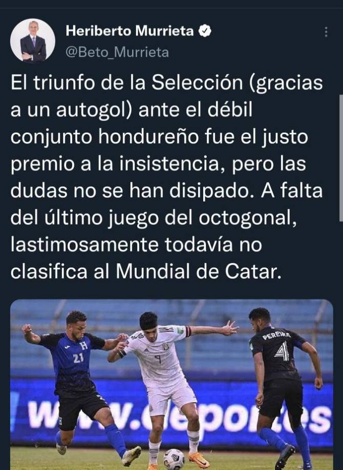 El periodista Heriberto Murrieta lanzó fuertes críticas por el nivel mostrado por la escuadra mexicana en San Pedro Sula.