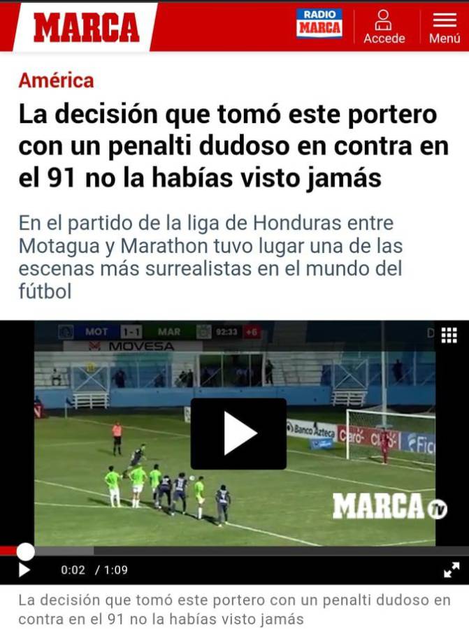 El Diario Marca de España recordó el momento en donde Denovan Torres decidió no intentar detener el penal cobrado por Roberto Moreira.