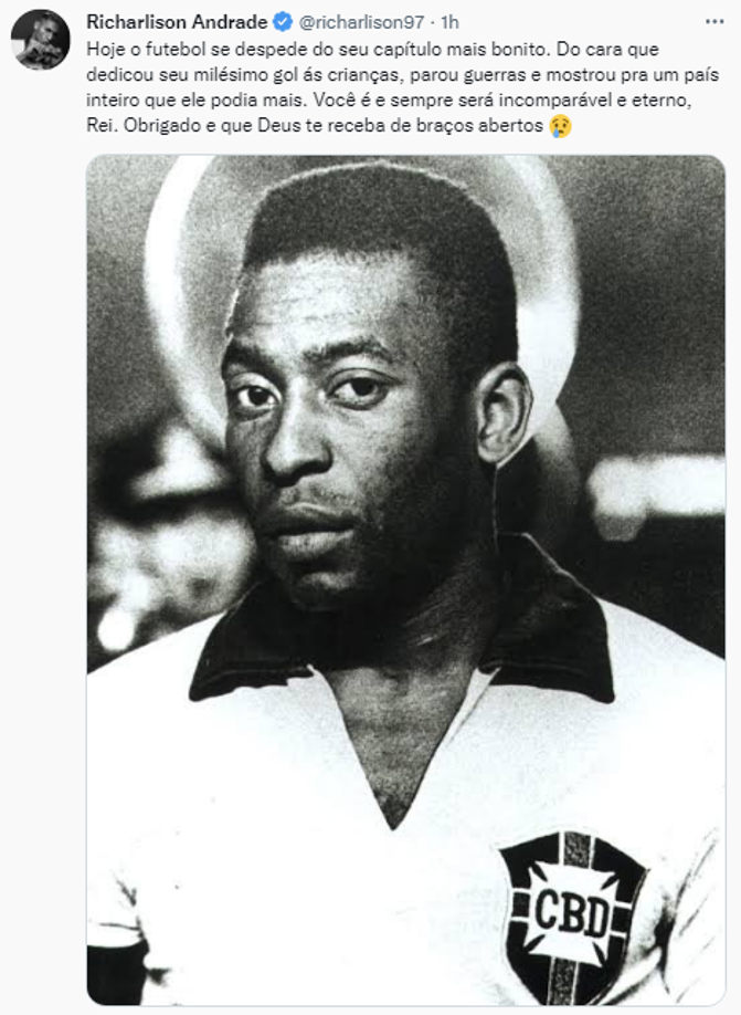 Richarlison (Brasil): “Hoy el fútbol se despide de su capítulo más bonito; del hombre que encantó al mundo y cambió la historia del fútbol para siempre”, afirmó.