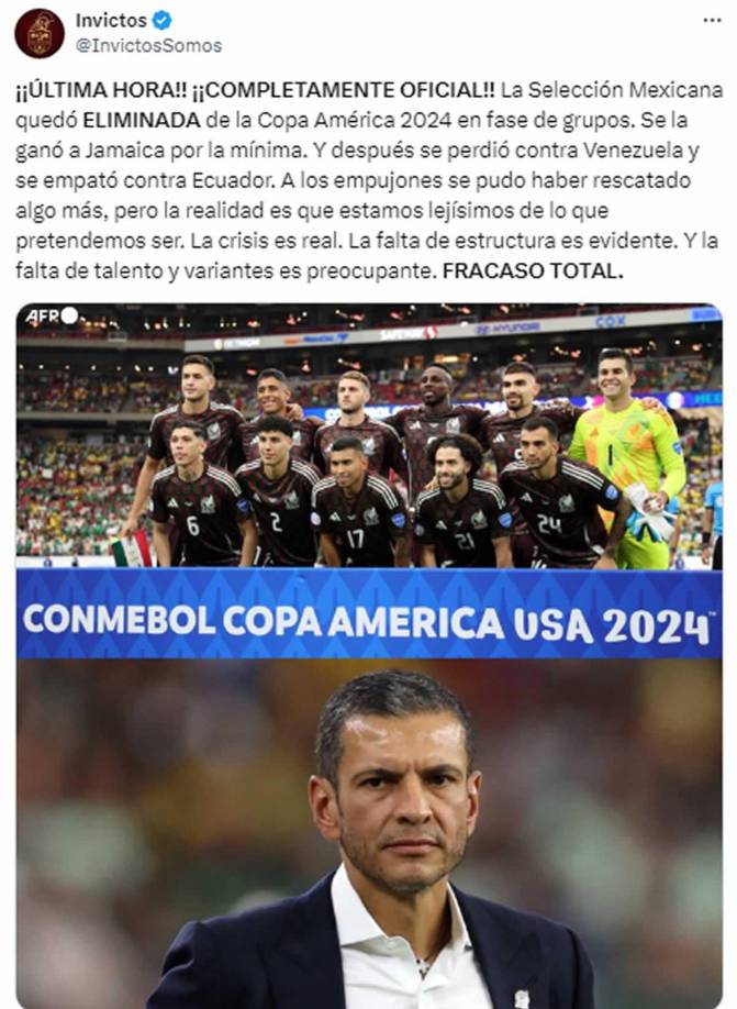 Invictos opina que “la crisis” de México “es real. La falta de estructura es evidente. Y la falta de talento y variantes es preocupante. FRACASO TOTAL”.