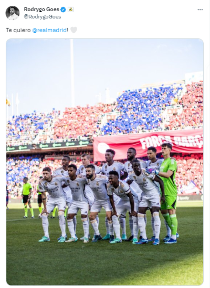 ”Te quiero, Real Madrid”, fue el mensaje de Rodrygo tras finalizar el partido ante el Barcelona por la jornada 11 de la Liga Española.