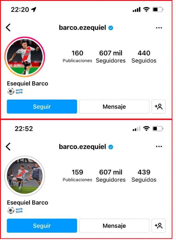 Ezequiel Barco no se expresó al respecto pero hizo un cambio en su cuenta de Instagram: cambió la foto de perfil que tenía y coincidía con la del chat filtrado por la cuenta de Wanda Nara, y puso otra imagen suya con la camiseta de River.