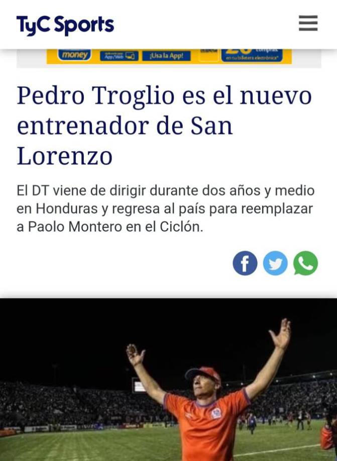 TYC Sports de Argentina señala que Pedro Troglio es el nuevo entrenador de San Lorenzo.