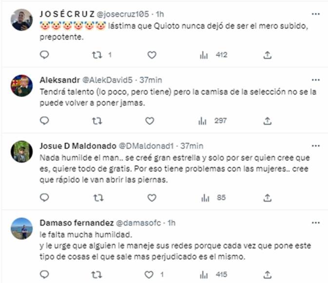 Los mensajes de usuarios en Twitter criticando a Romell Quioto por lo que dijo y por no querer pagar una entrada al estadio de Río Lindo.