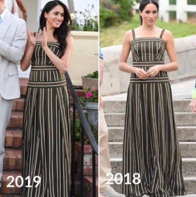 Para esta ocasión Markle volvió a usar un vestido que lució en su pasada gira real por Australia: su vestido maxi a rayas Martin Grant.