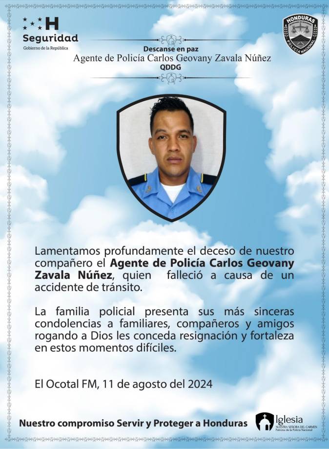La Policía Nacional confirmó la muerte del agente Carlos Geovany Zavala Núñez.