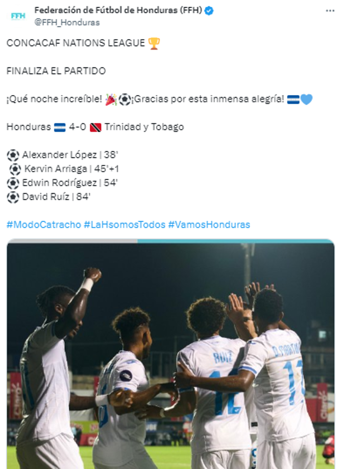 ”¡Qué noche increíble! ¡Gracias por esta inmensa alegría!”, publicó la Federación de Honduras.