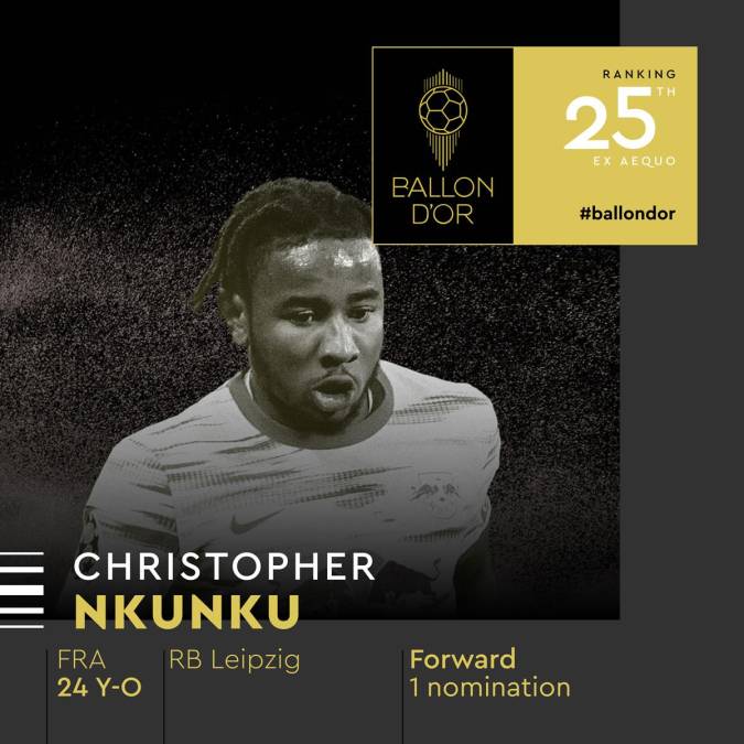 29) - 25. Christopher Nkunku - El delantero francés del RB Leipzig también recibió su primera nominación al Balón de Oro.