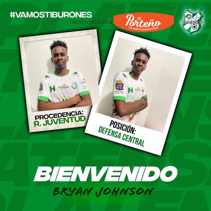 El Platense también hizo oficial el fichaje del defensa central Bryan Johnson, quien llega procedente del Real Juventud. Será la segunda vez que vista la camiseta del TIburón, ya lo hizo en la temporada 2012-13. Además, jugó en Olimpia, Vida, Honduras Progreso y Marathón.