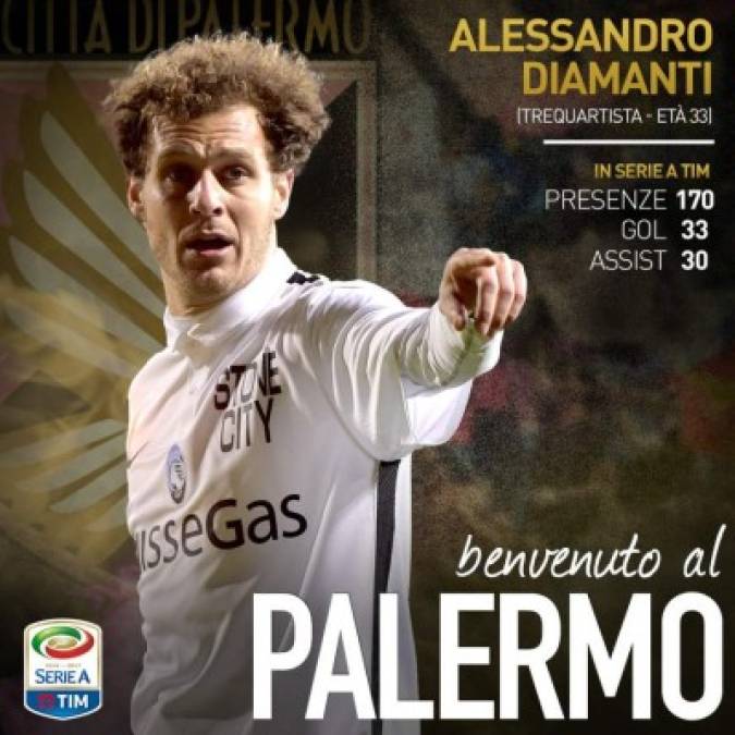 El Palermo anuncia la contratación de Alessandro Diamanti que llega libre procedente del Guangzhou Evergrande chino por dos temporadas con opción a otra más.