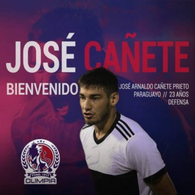 El Olimpia anunció el fichaje del defensa paraguayo José Arnaldo Cañete, quien llega procedente del Sportivo Luqueño de la Primera División de Paraguay. El jugador está próximo a cumplir 24 años.