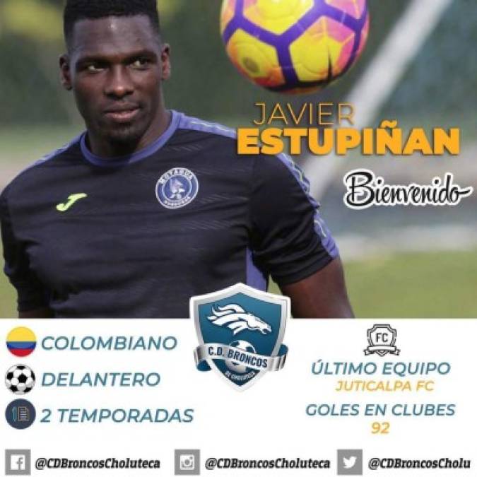 Javier Estupiñán: A sus 37 años de edad, el delantero colombiano vuelve al fútbol hondureño y en esta ocasión jugará en el CD Broncos de la Liga de Ascenso.