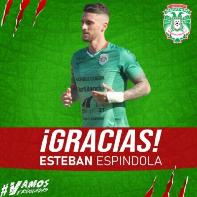 El Marathón sigue con su barrida de jugadores. El Monstruo Verde hizo oficial la salida del defensa argentino Esteban Espíndola tras un año en el club. 'Agradecemos su esfuerzo, dedicación y entrega, le deseamos muchos éxitos en su próximo proyecto', dice el comunicado del equipo verde.