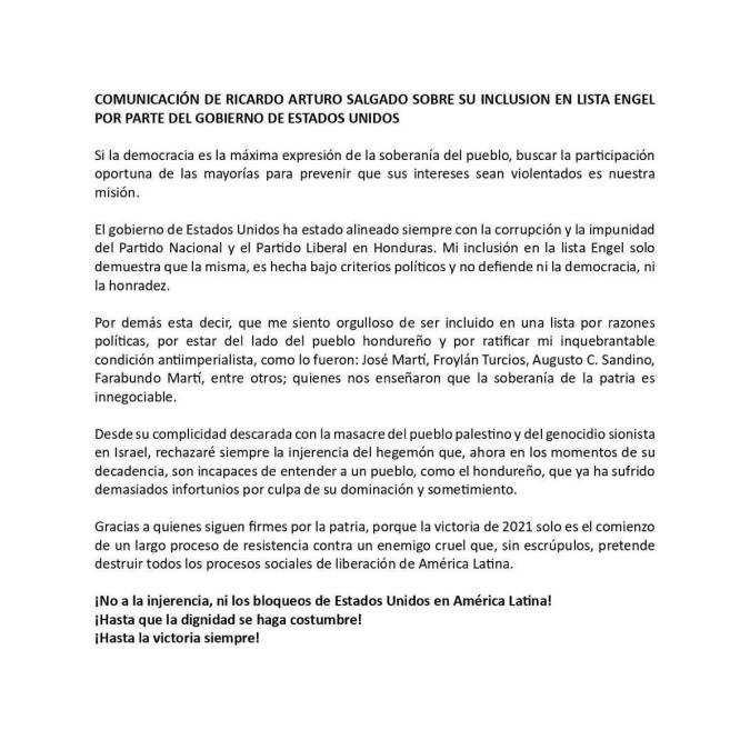 Carta íntegra publicada por el ministro Ricardo Salgado tras ser agregado a la Lista Engel por Estados Unidos. 