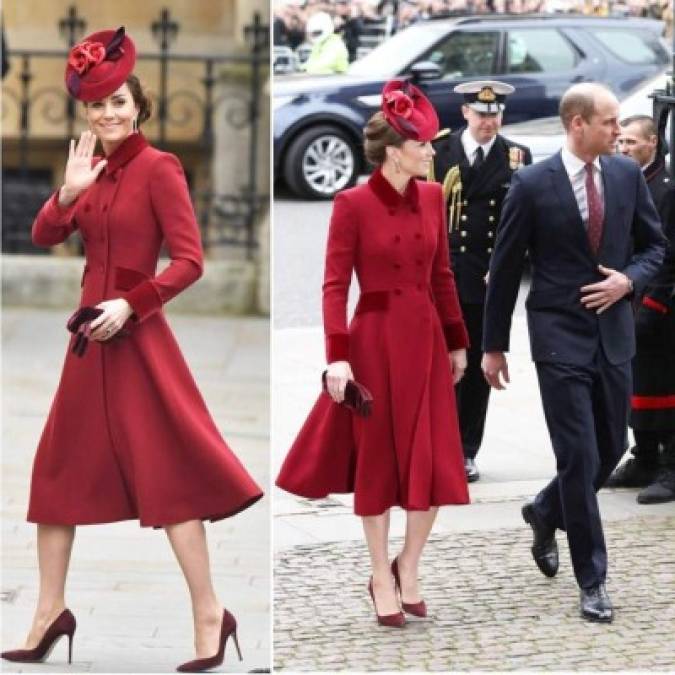 La duquesa de Cambridge combinó el conjunto con un sombrero de cóctel de fieltro rojo de Sally Ann Provan.