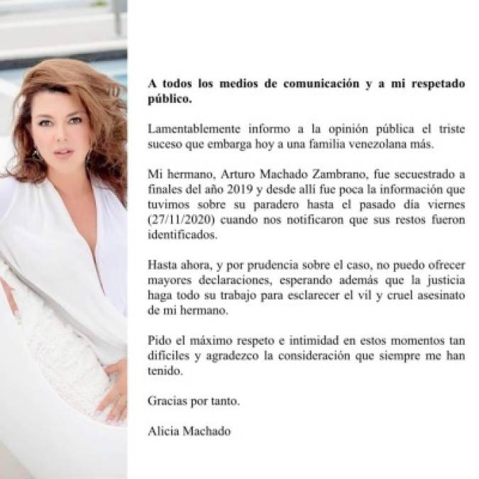 Machado, venezolana que reside en Estados Unidos desde hace años, dijo que espera que la justicia esclarezca 'el vil y cruel asesinato' de su hermano e indicó que 'por prudencia sobre el caso' no puede ofrecer más detalles sobre lo ocurrido.