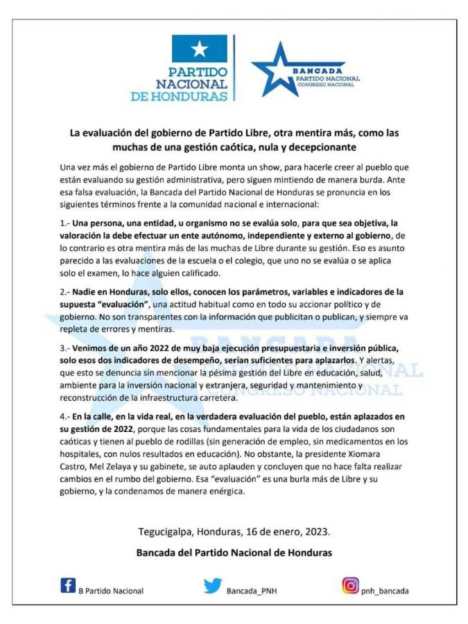Partido Nacional: Evaluación del Gobierno es una “mentira más”