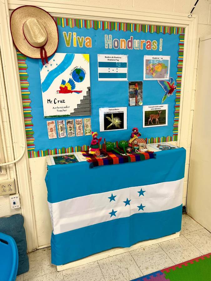 Espacio educativo en el aula del maestro Fernando Cruz donde enseña la cultura hondureña.