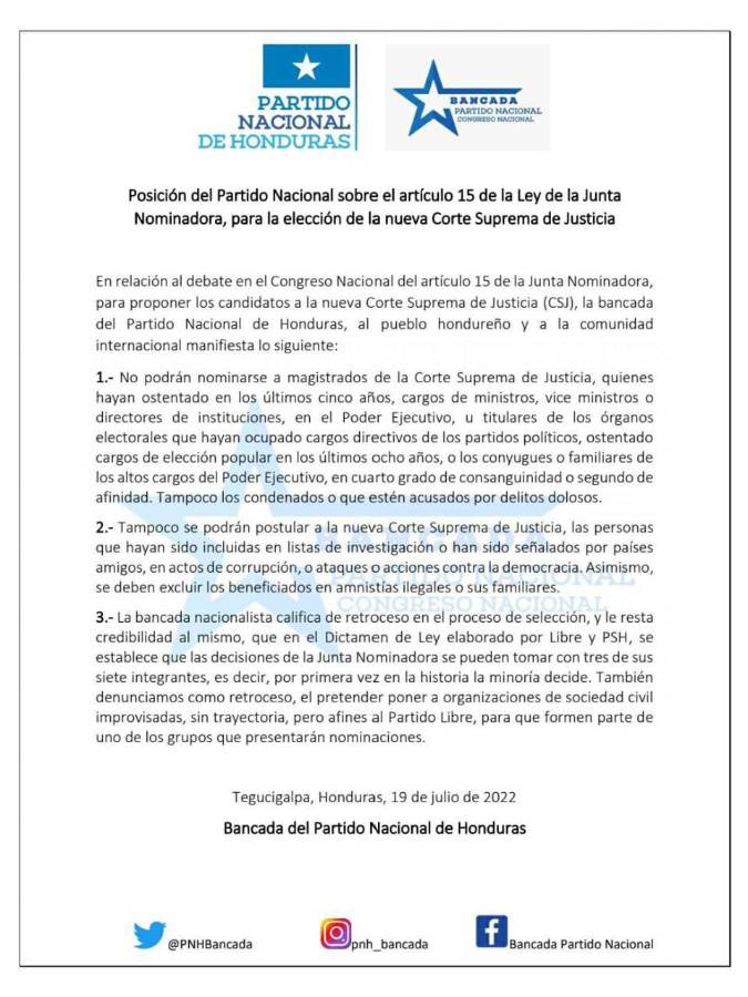 Comunicado íntegro emitido por la bancada del Partido Nacional.