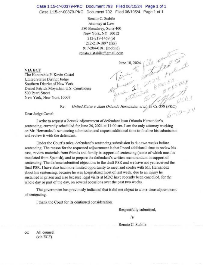 La carta enviada al juez Castel solicitando suspender la lectura de sentencia a Juan Orlando.