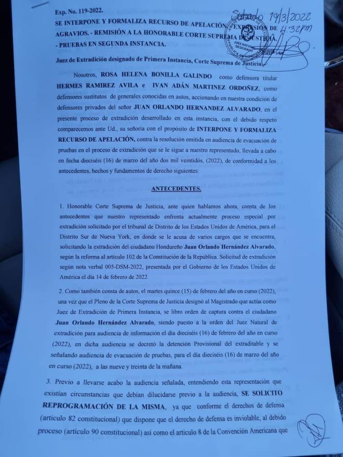Defensa de Juan Orlando Hernández presenta apelación y el miércoles se definiría si se ratifica o no la extradición