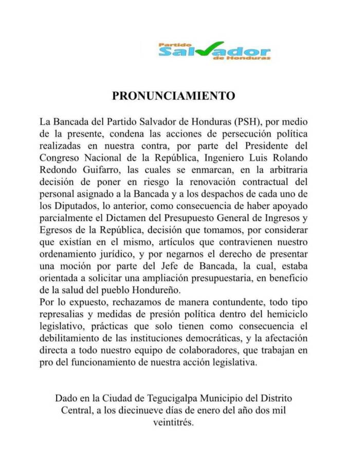 Diputados del PSH denuncian persecución política de Luis Redondo