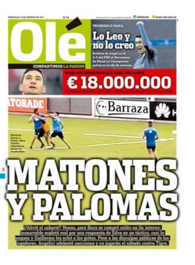 En Argentina el diario Olé primero de principal habló sobre los jugadores de Boca que se fueron a los golpes y arriba se pronunciaron sobre la vapuleada del Barcelona. Lo leo y no lo creo dijeron.