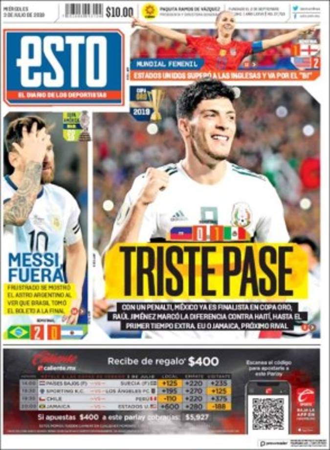 El diario Esto de México destacó en su portada el polémico pase de México a la final de la Copa Oro y la eliminación de Argentina.