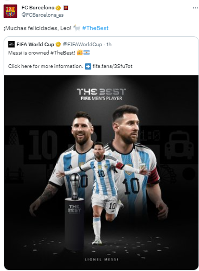El Barcelona también dejó un mensaje para felicitar a Lionel Messi tras ganar el Premio The Best 2023.