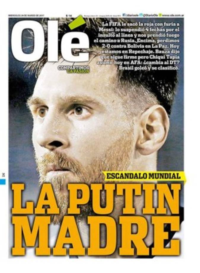 El diario Olé de Argentina mostrando su preocupación sobre su Selección y el castigo a Messi.