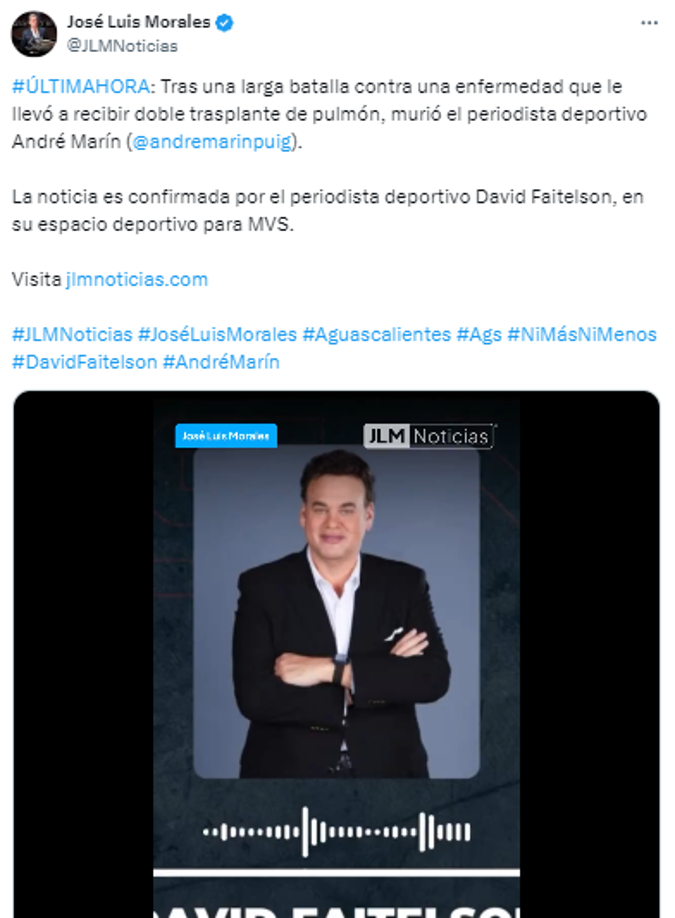 Los periodistas y medios mexicanos confirmaron la triste noticia sobre la muerte de André Marín. 