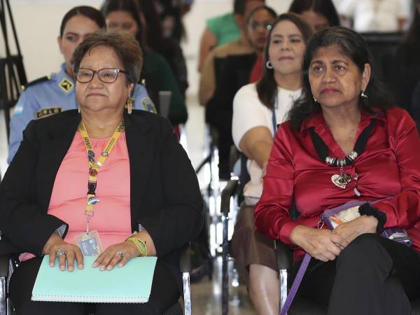 La directora del Observatorio Nacional de la Violencia de la Universidad Nacional Autónoma de Honduras (Unah), Migdonia Ayestas (i), y la defensora de Derechos Humanos de las Mujeres, Honorina Rodríguez, participan en la presentación de un informe sobre violencia contra la mujer el martes, en Tegucigalpa (Honduras).