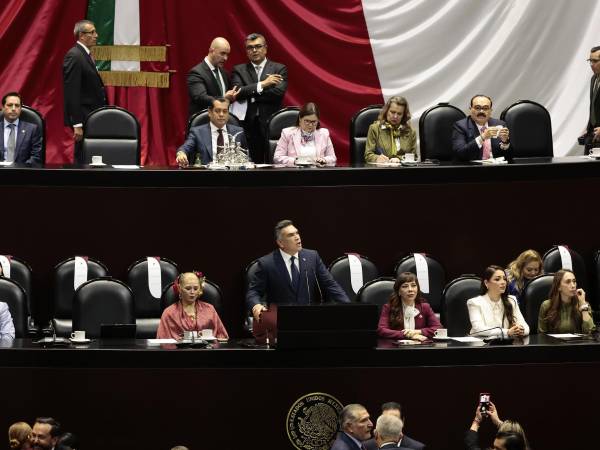 El diputado del Partido Revolucionario Institucional (PRI) Alejandro Moreno (c) habla durante una sesión este martes, en la Cámara de Diputados en la Ciudad de México (México).