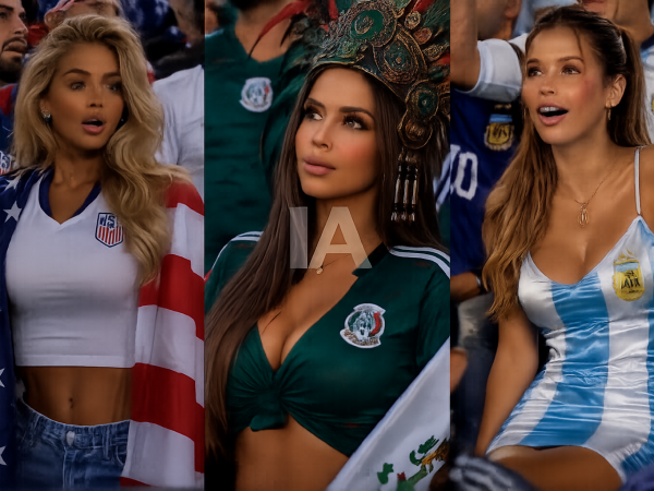 Collage de imágenes de aficionadas falsas creadas con inteligencia artificial.