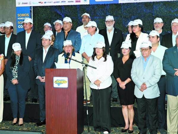 La presidenta del Cohep, Anabel Gallardo, y presidentes de gremiales en la lectura de ladeclaración ayer en Tegucigalpa.