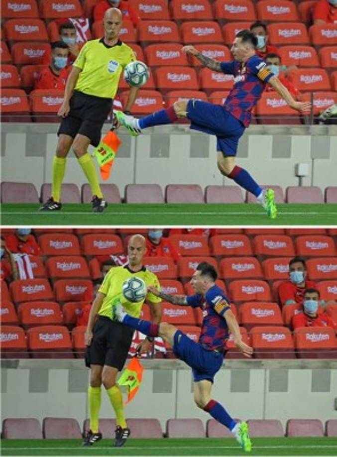 Messi bajando el balón por la banda y la cara que hizo el árbitro asistente.