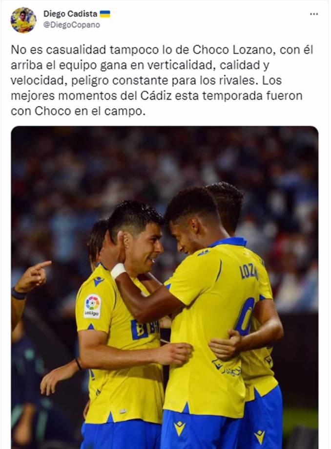 La cuenta Diego Cadista - ‘No es casualidad tampoco lo de Choco Lozano, con él arriba el equipo gana en verticalidad, calidad y velocidad, peligro constante para los rivales. Los mejores momentos del Cádiz esta temporada fueron con Choco en el campo’.