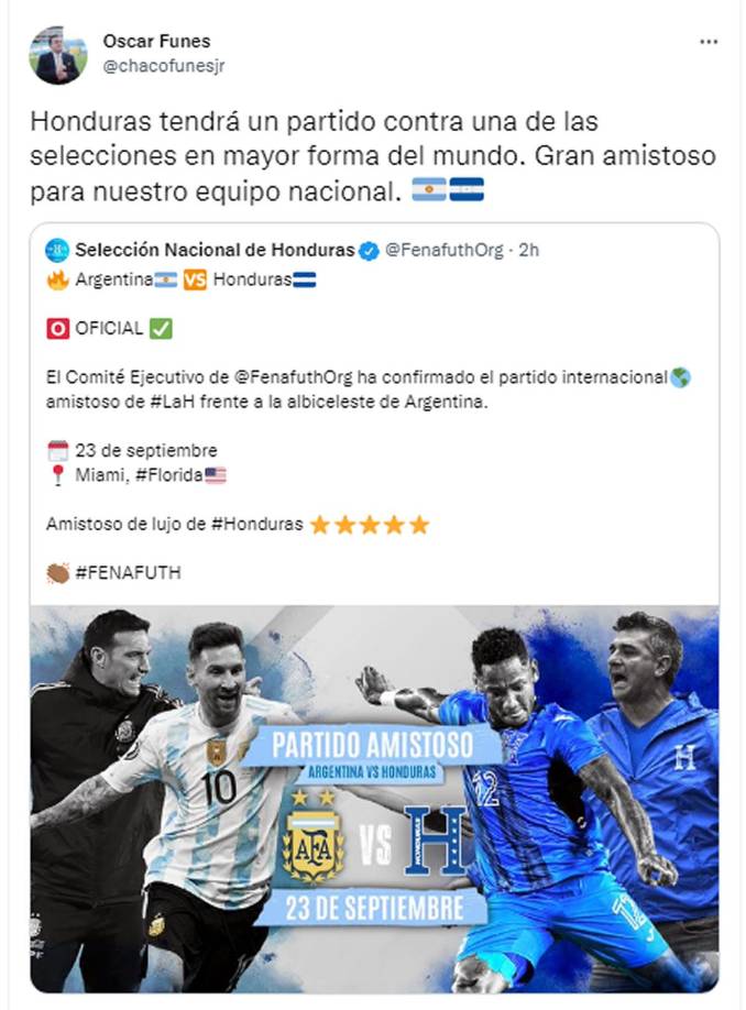 Óscar Funes de Tigo Sports - “Honduras tendrá un partido contra una de las selecciones en mayor forma del mundo. Gran amistoso para nuestro equipo nacional”.