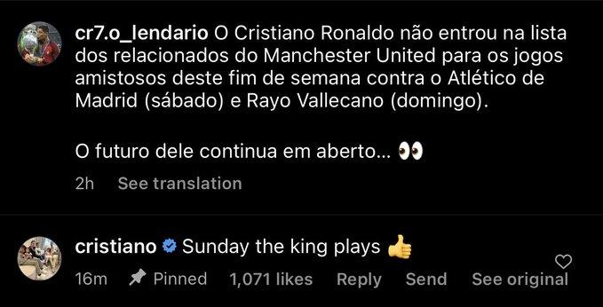 El comentario de Cristiano Ronaldo a un aficionado en su cuenta de Instagram.